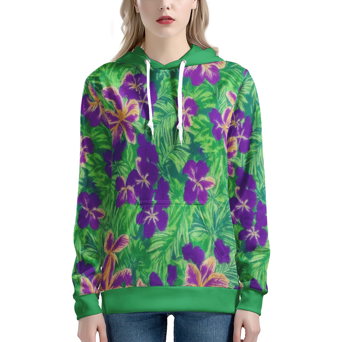 Blue Flag Iris on Green Women's All Over Print Hoodie - Luxtrini, LLC