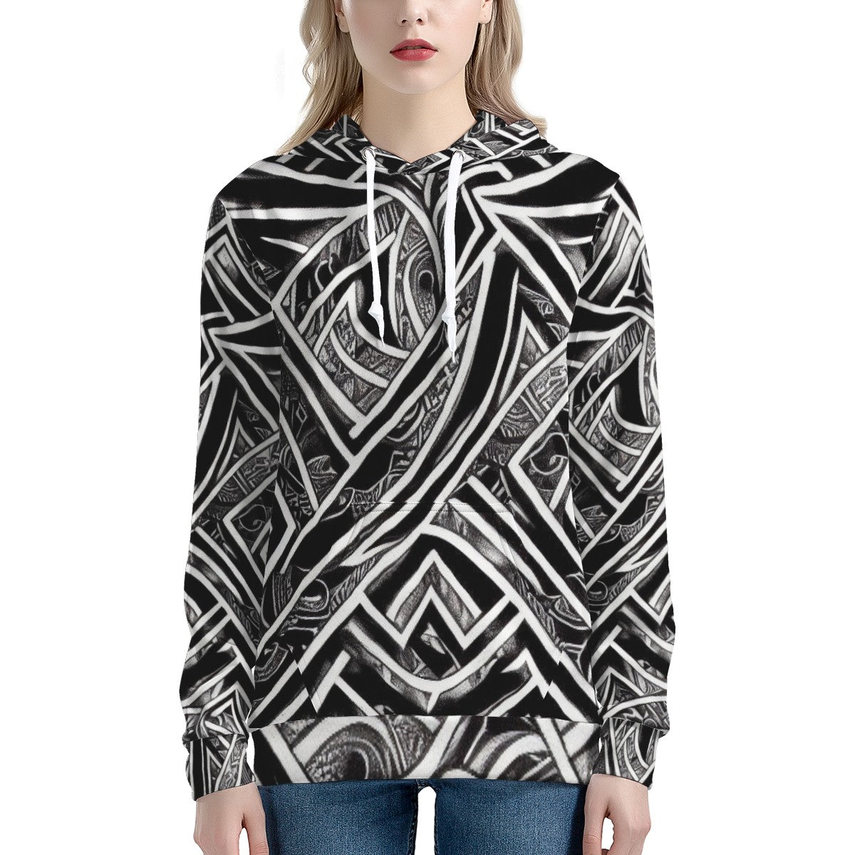 Black and White Polynesian Women's All Over Print Hoodie