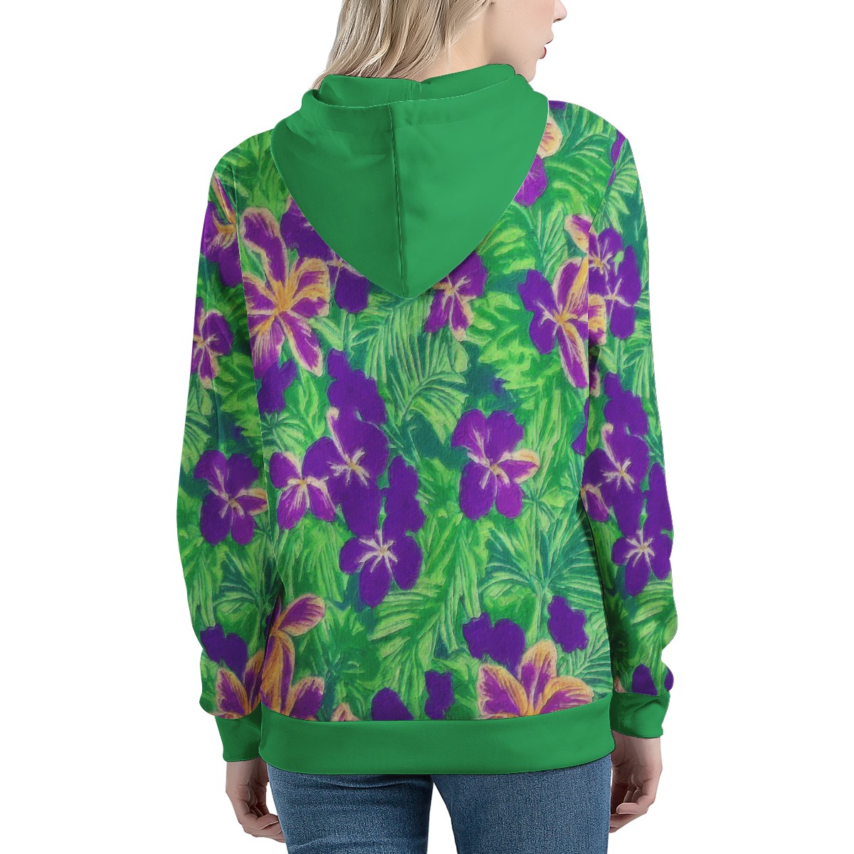 Blue Flag Iris on Green Women's All Over Print Hoodie - Luxtrini, LLC