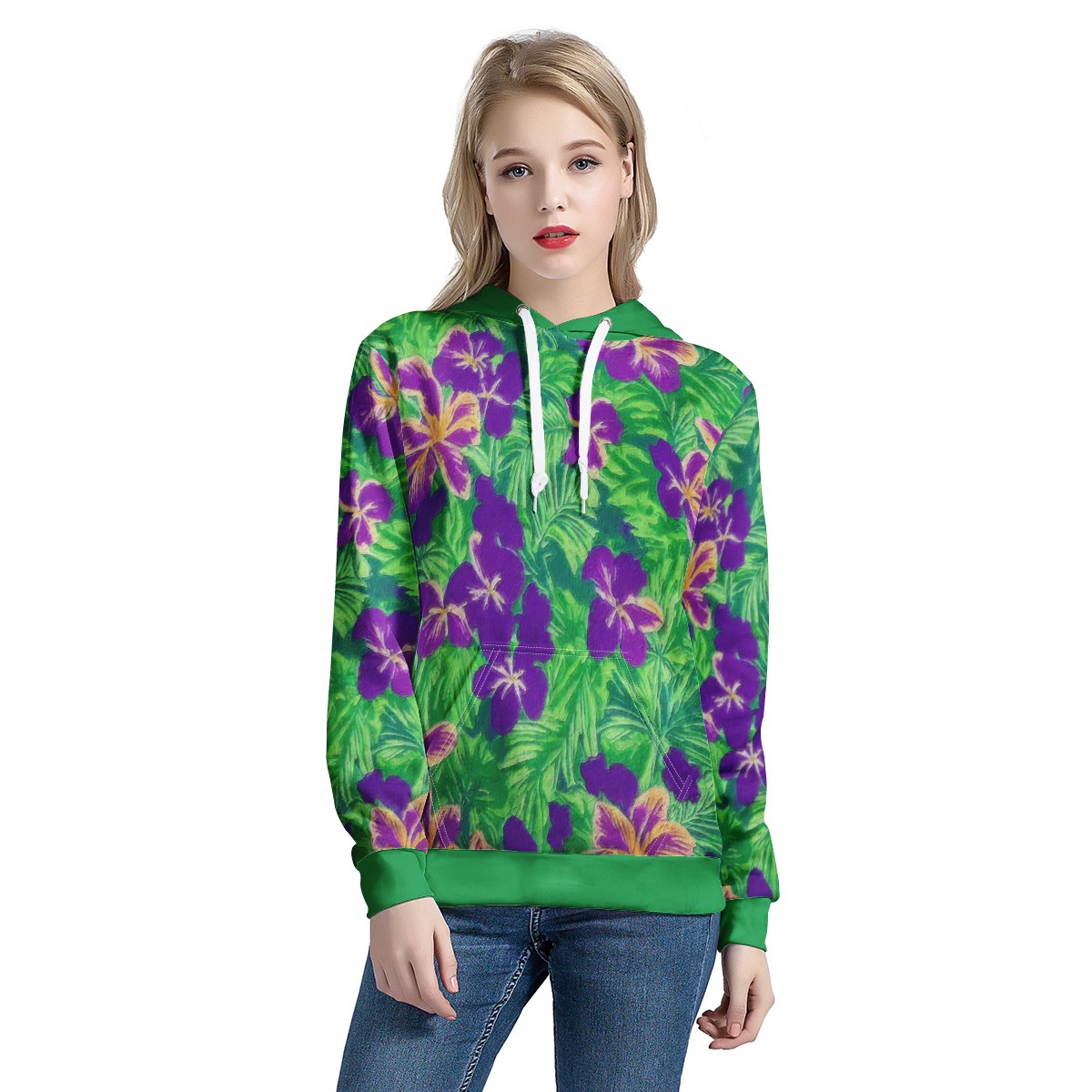 Blue Flag Iris on Green Women's All Over Print Hoodie - Luxtrini, LLC