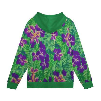 Blue Flag Iris on Green Women's All Over Print Hoodie - Luxtrini, LLC