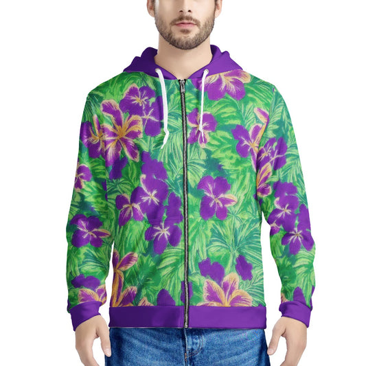 Blue Flag Iris on Green Men's All Over Print Zip Hoodie - Luxtrini, LLC