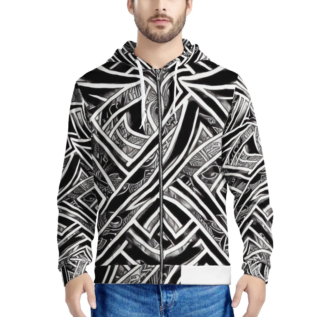 Black and White Polynesian Men's All Over Print Zip Hoodie