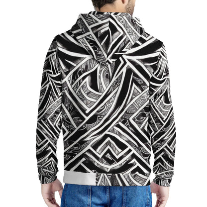 Black and White Polynesian Men's All Over Print Zip Hoodie