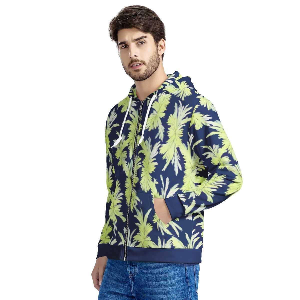 Puakenikeni - Lime Green and Black Men's All Over Print Zip Hoodie - Luxtrini, LLC