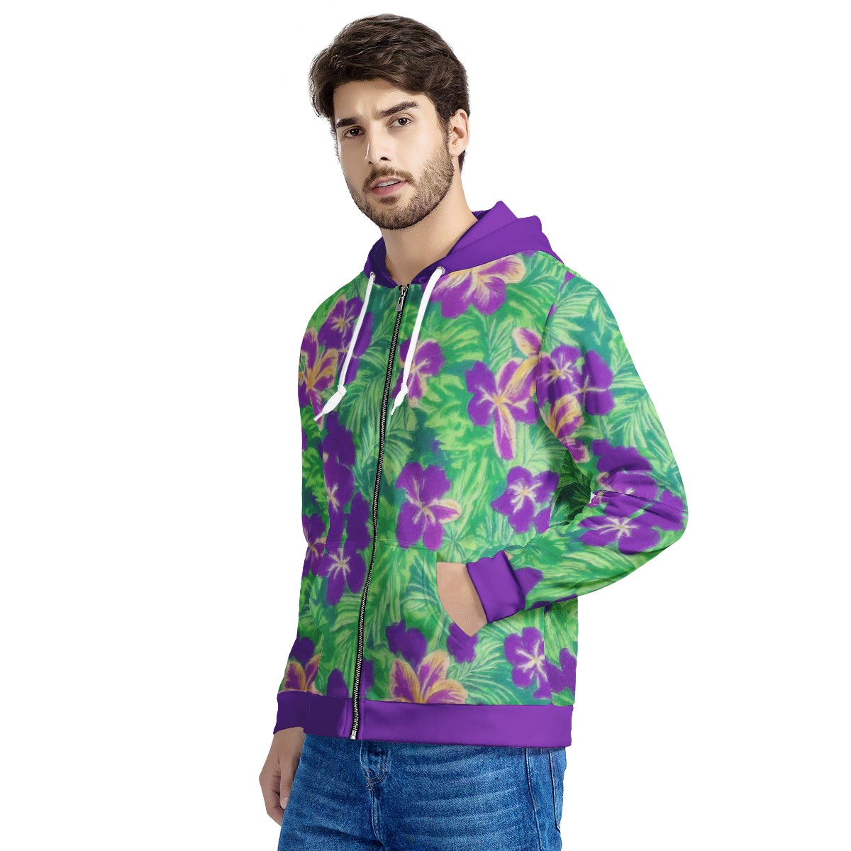 Blue Flag Iris on Green Men's All Over Print Zip Hoodie - Luxtrini, LLC