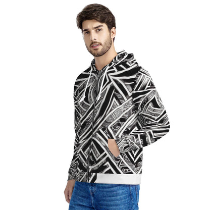 Black and White Polynesian Men's All Over Print Zip Hoodie