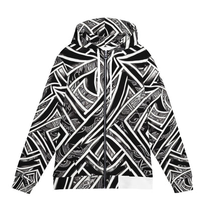 Black and White Polynesian Men's All Over Print Zip Hoodie