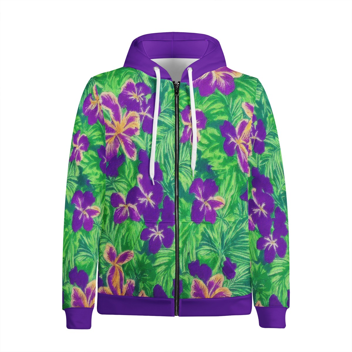 Blue Flag Iris on Green Men's All Over Print Zip Hoodie - Luxtrini, LLC