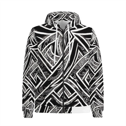 Black and White Polynesian Men's All Over Print Zip Hoodie