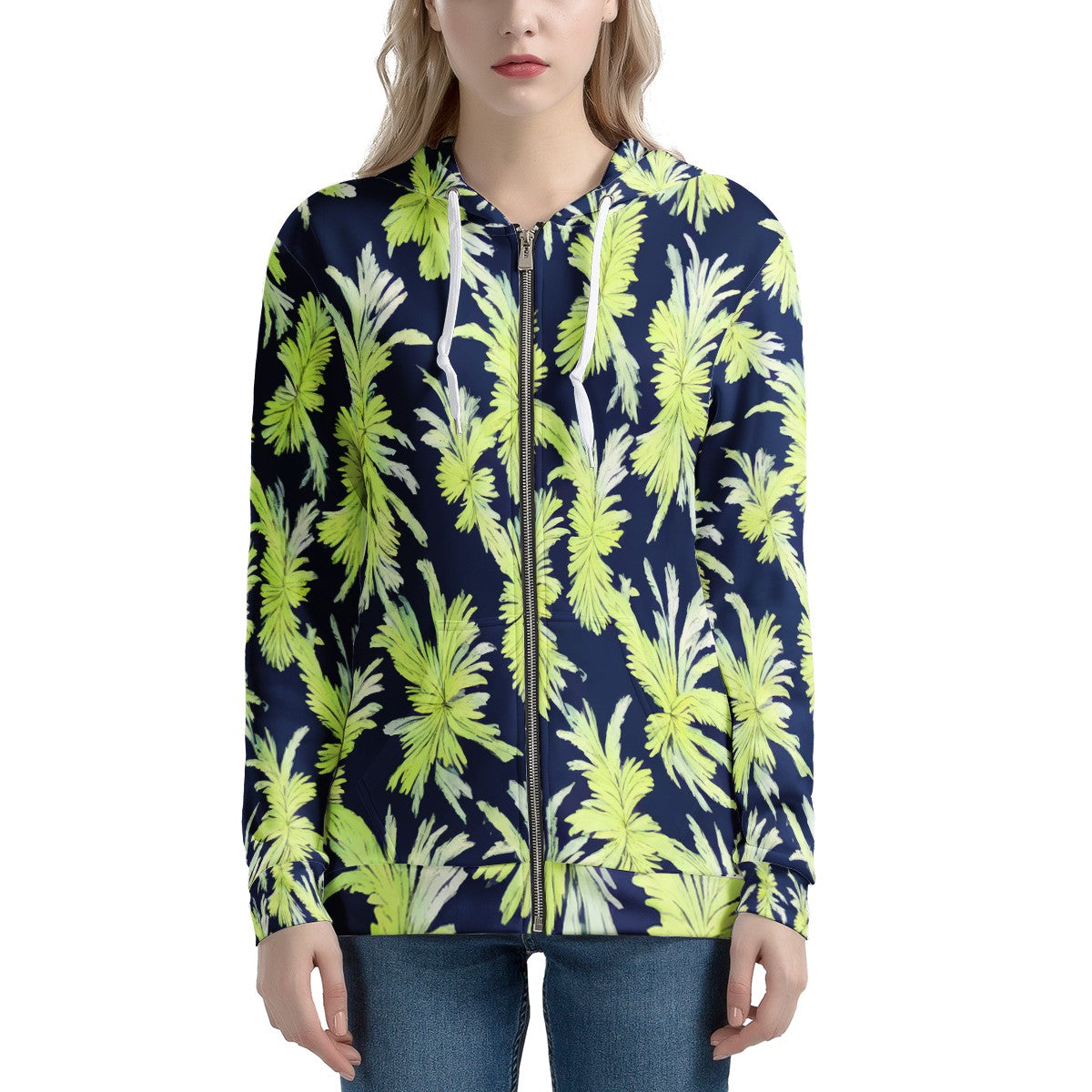 Puakenikeni - Lime Green and Black Women's All Over Print Zip Hoodie - Luxtrini, LLC