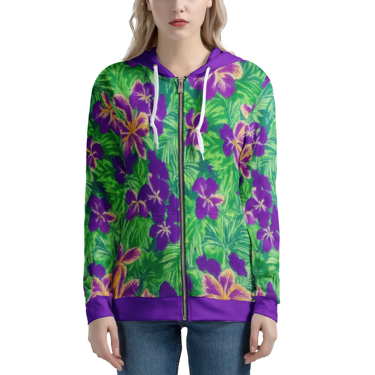 Blue Flag Iris on Green Women's All Over Print Zip Hoodie - Luxtrini, LLC