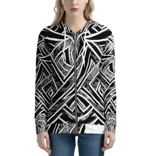 Black and White Polynesian Women's All Over Print Zip Hoodie