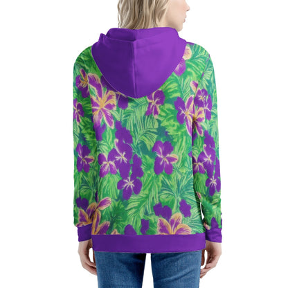 Blue Flag Iris on Green Women's All Over Print Zip Hoodie - Luxtrini, LLC