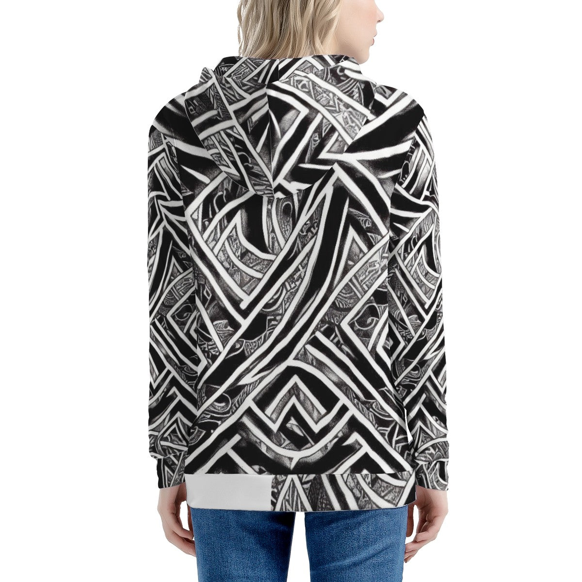 Black and White Polynesian Women's All Over Print Zip Hoodie