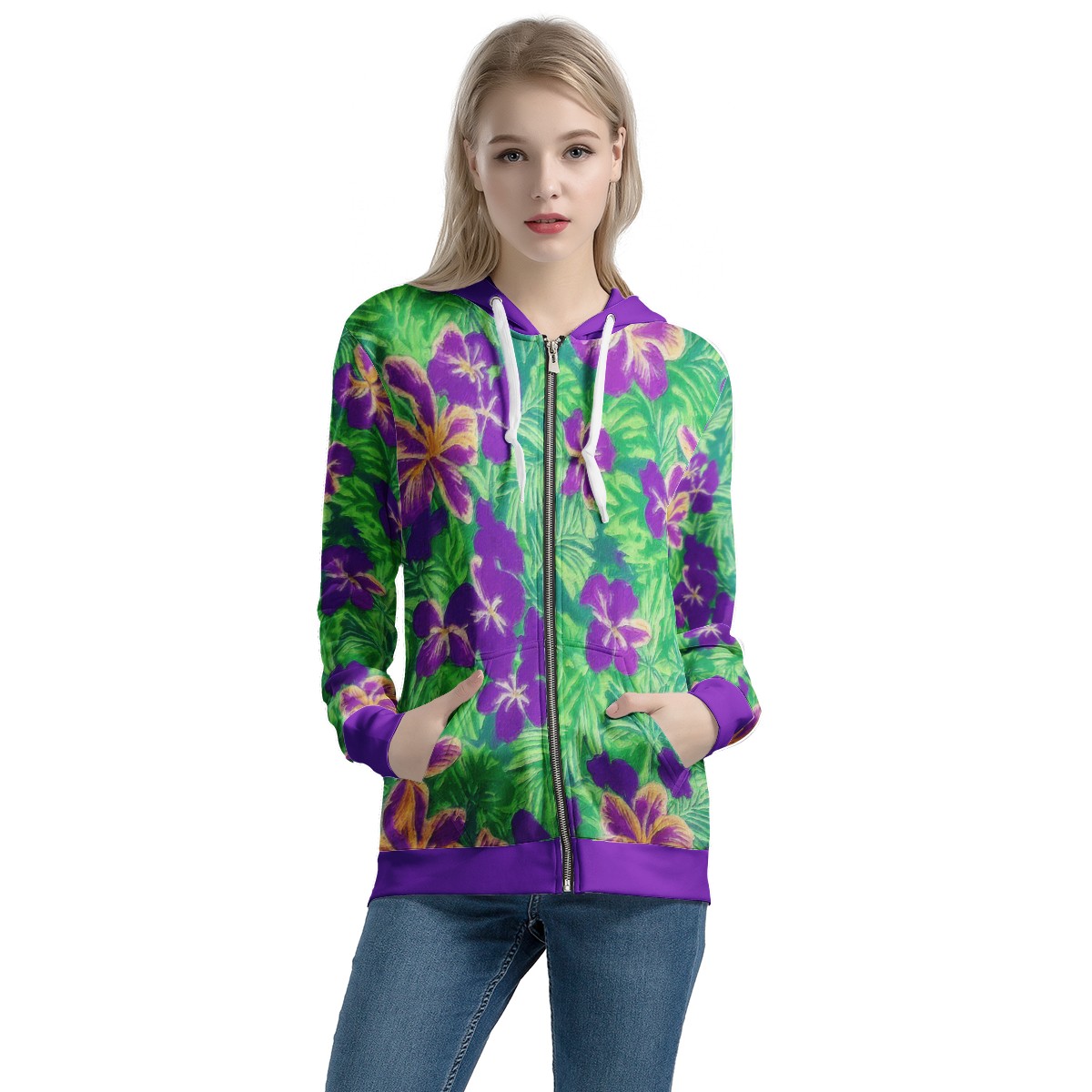 Blue Flag Iris on Green Women's All Over Print Zip Hoodie - Luxtrini, LLC