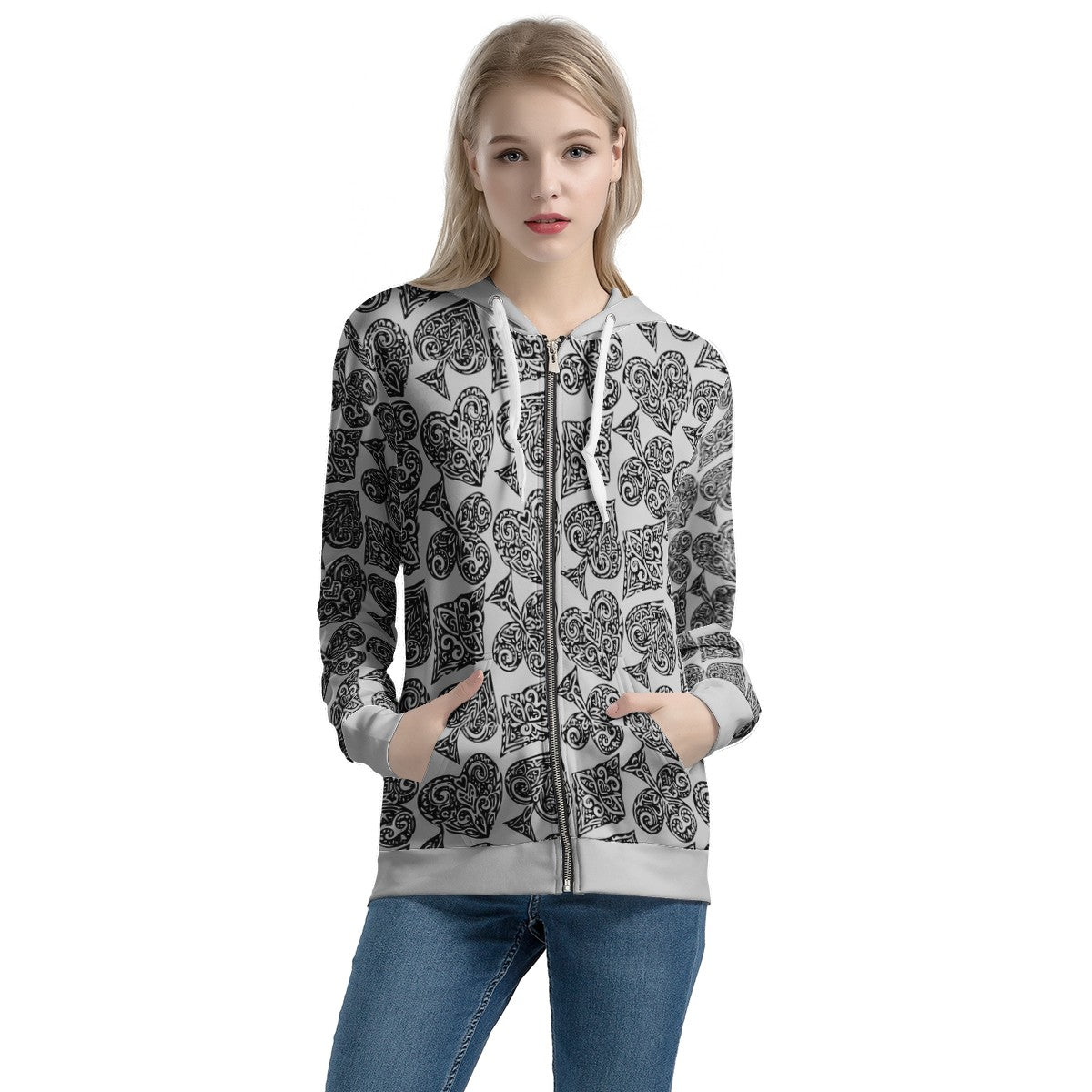 Poker Women's All Over Print Zip Hoodie - Luxtrini, LLC