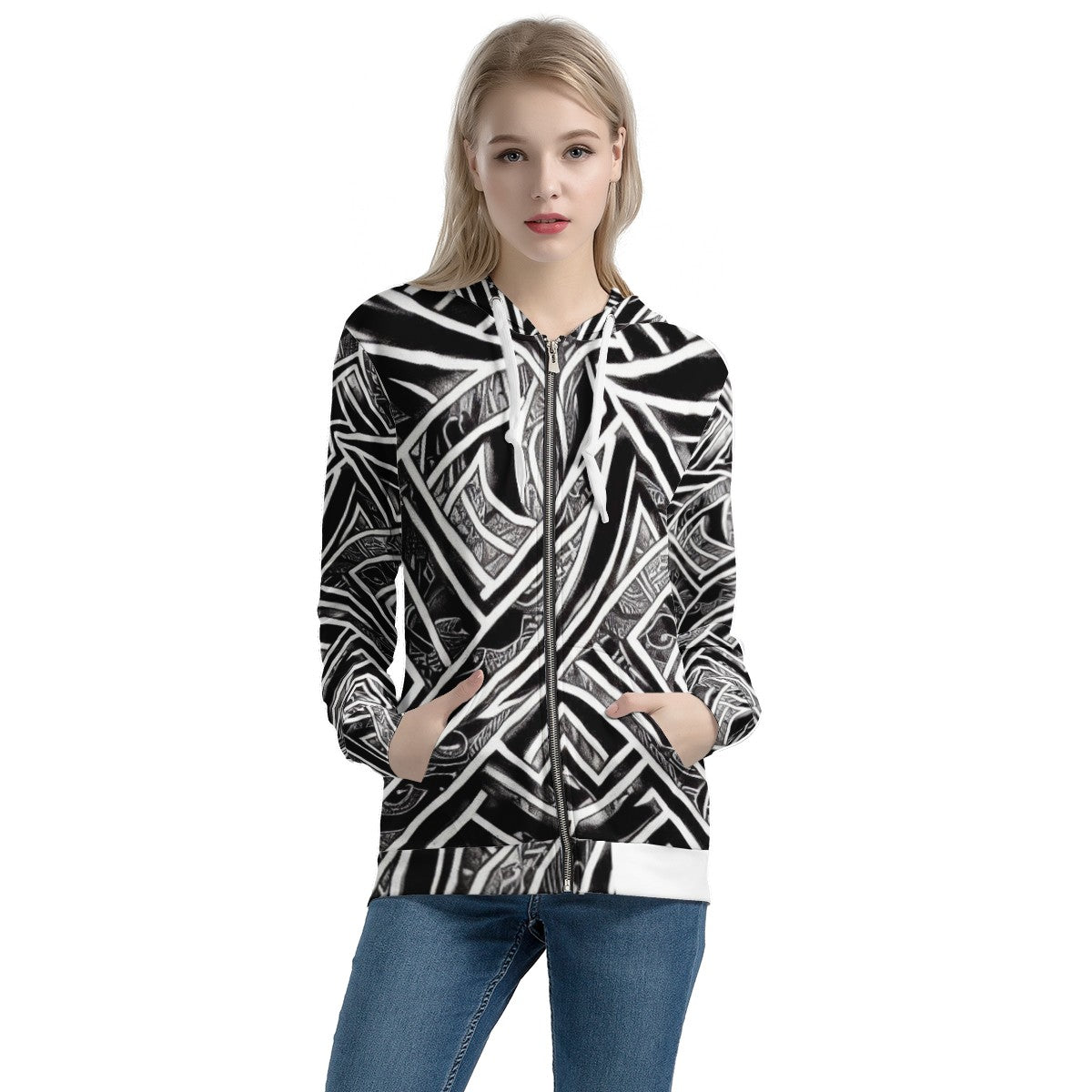 Black and White Polynesian Women's All Over Print Zip Hoodie