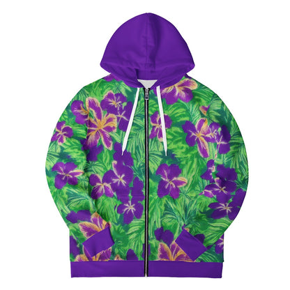 Blue Flag Iris on Green Women's All Over Print Zip Hoodie - Luxtrini, LLC