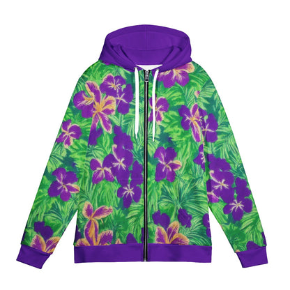 Blue Flag Iris on Green Women's All Over Print Zip Hoodie - Luxtrini, LLC