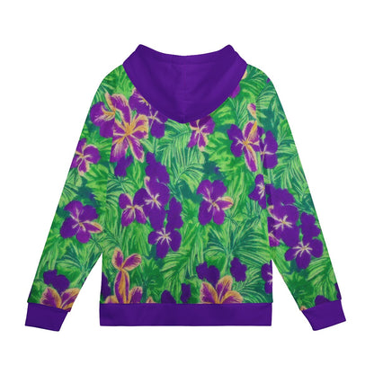 Blue Flag Iris on Green Women's All Over Print Zip Hoodie - Luxtrini, LLC