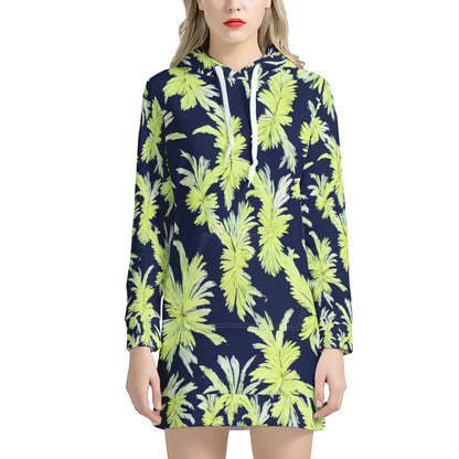 Puakenikeni - Lime Green and Black Women's Hoodie Dress - Luxtrini, LLC