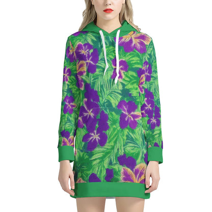 Blue Flag Iris on Green Women's Hoodie Dress - Luxtrini, LLC