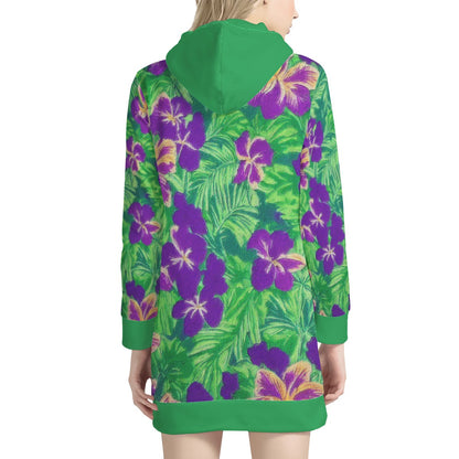 Blue Flag Iris on Green Women's Hoodie Dress - Luxtrini, LLC