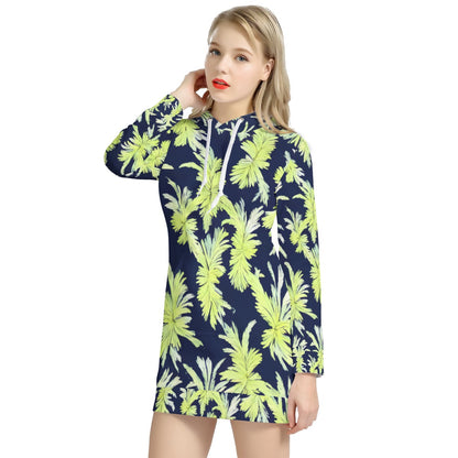 Puakenikeni - Lime Green and Black Women's Hoodie Dress - Luxtrini, LLC