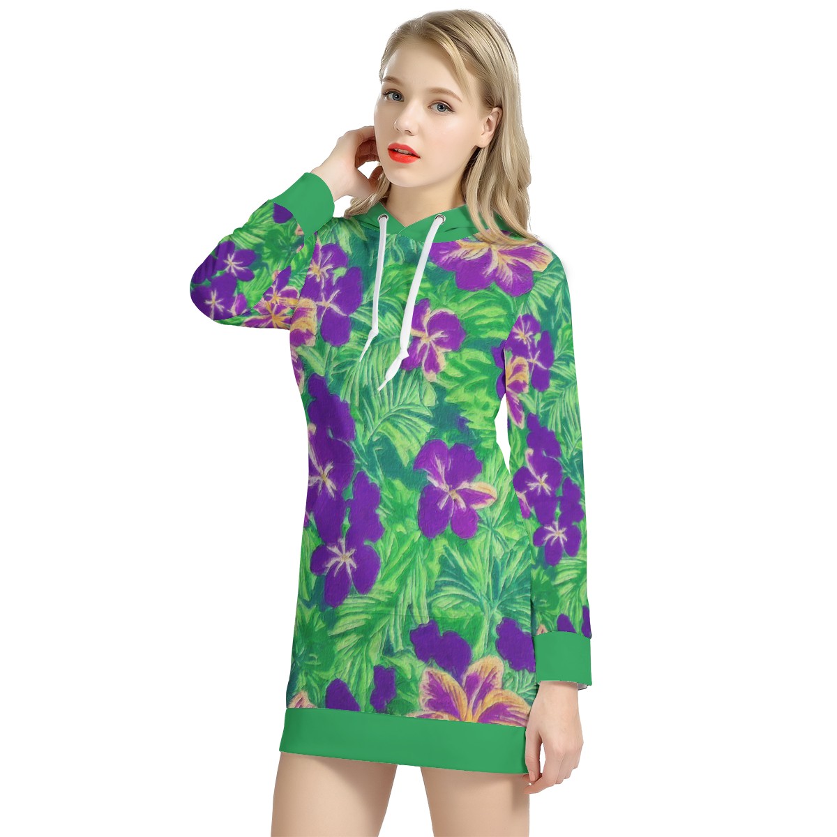 Blue Flag Iris on Green Women's Hoodie Dress - Luxtrini, LLC