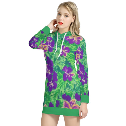 Blue Flag Iris on Green Women's Hoodie Dress - Luxtrini, LLC