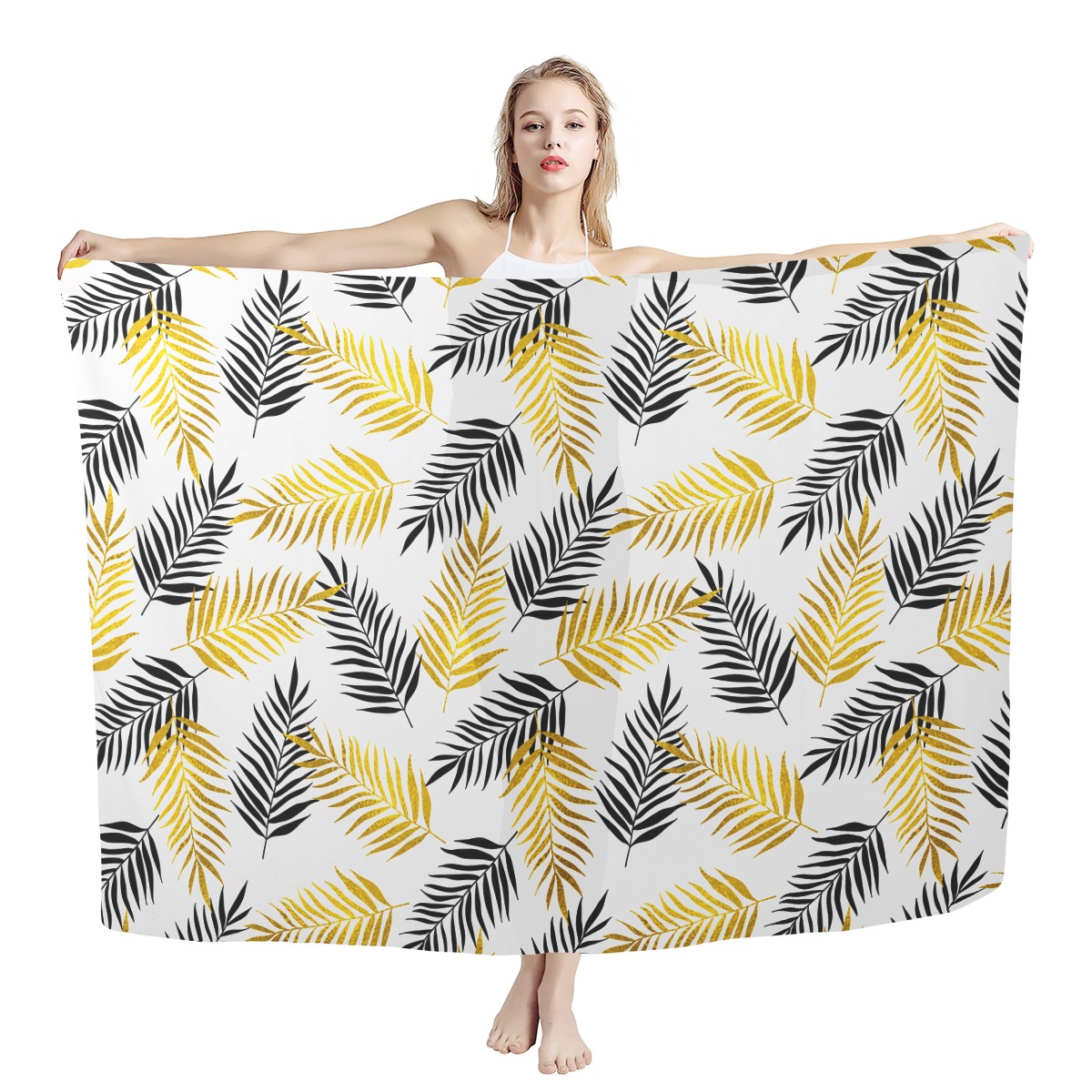 Black and Gold Palm Branches Sarong Scarf