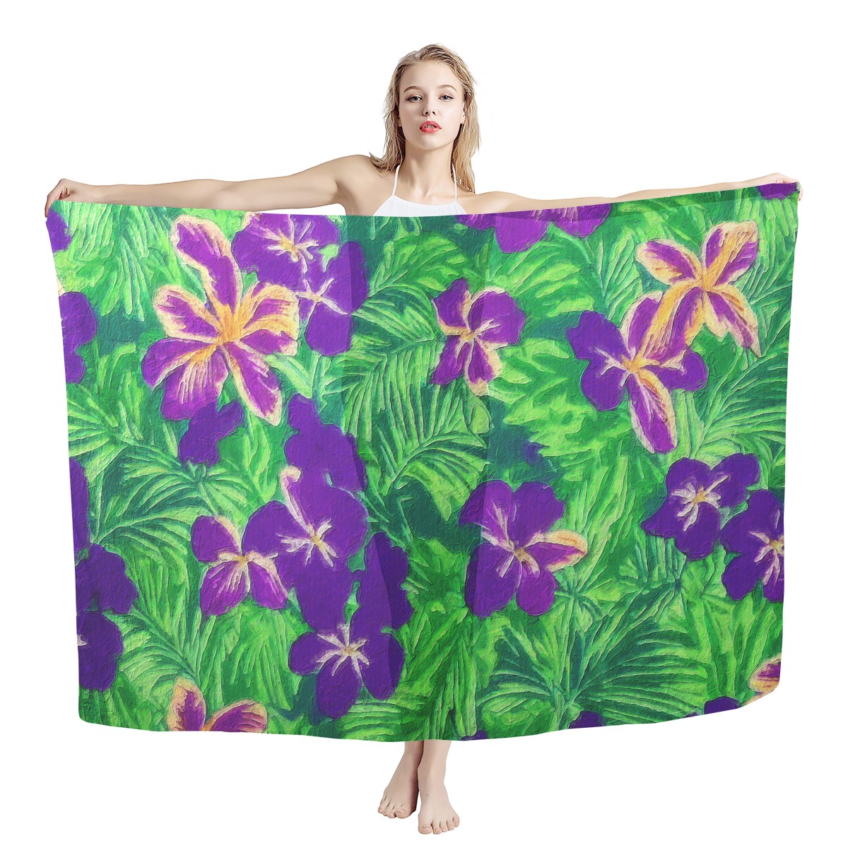 Blue Flag Iris on Green Sarong Scarf - Luxtrini, LLC