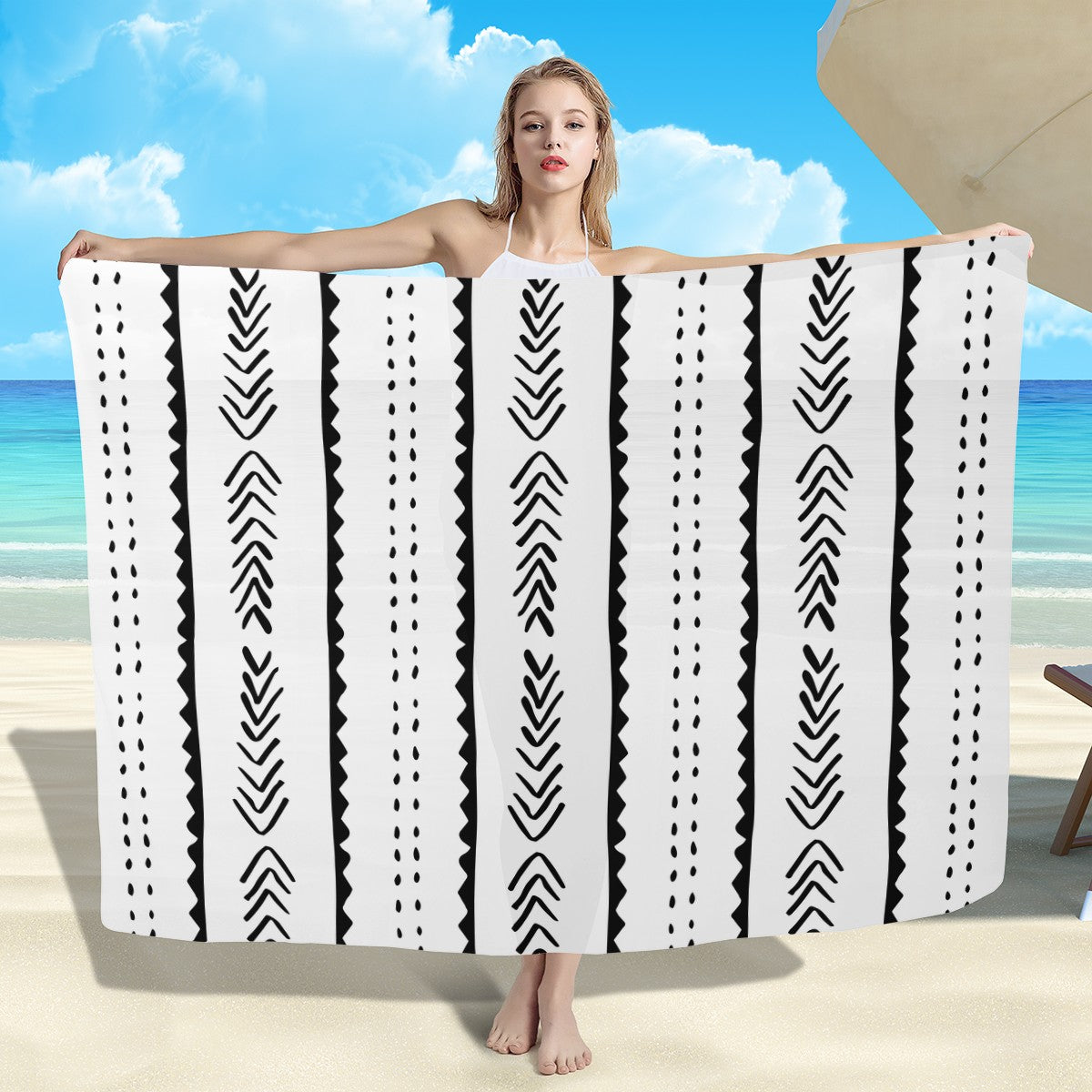 African Ethnic Mudcloth  #20 White and Black Sarong Scarf