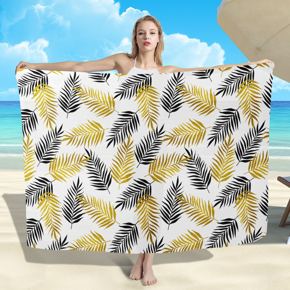 Black and Gold Palm Branches Sarong Scarf