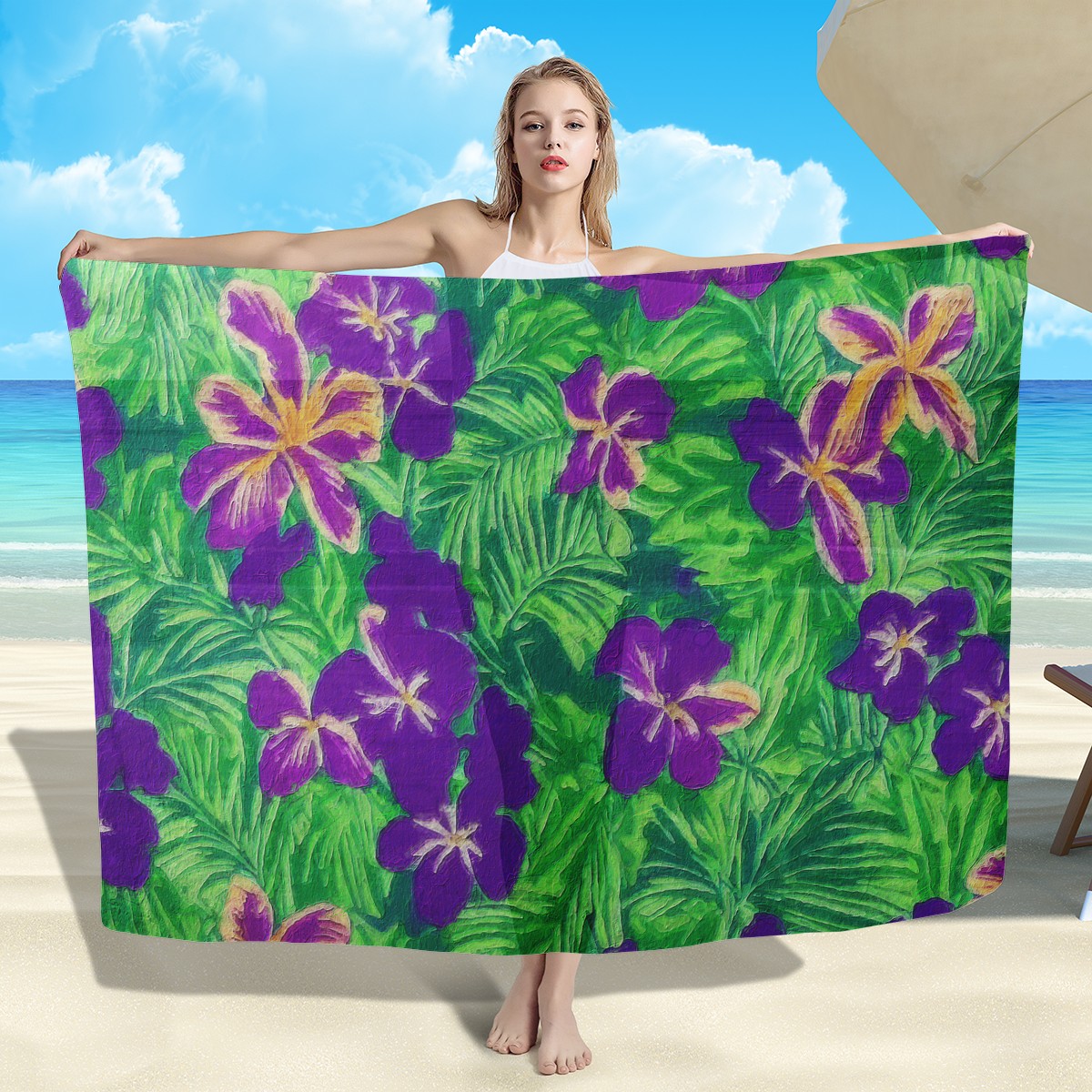 Blue Flag Iris on Green Sarong Scarf - Luxtrini, LLC