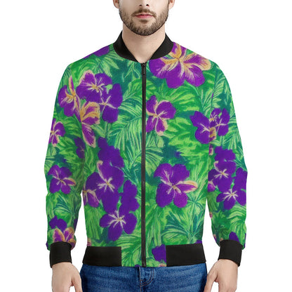 Blue Flag Iris on Green Men's Bomber Jacket - Luxtrini, LLC