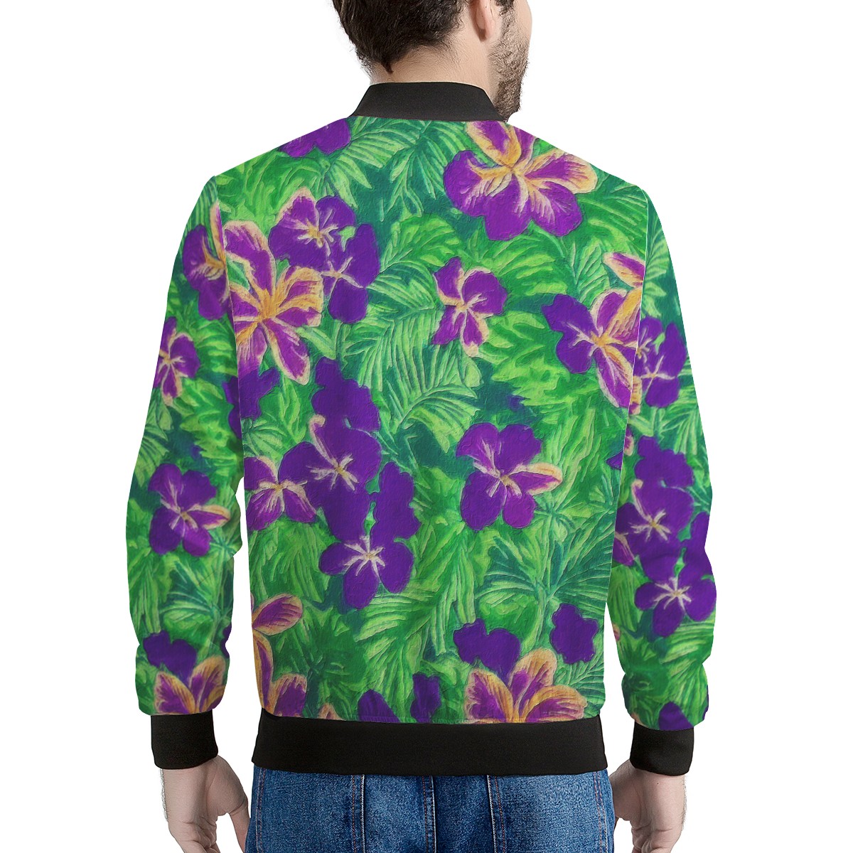 Blue Flag Iris on Green Men's Bomber Jacket - Luxtrini, LLC