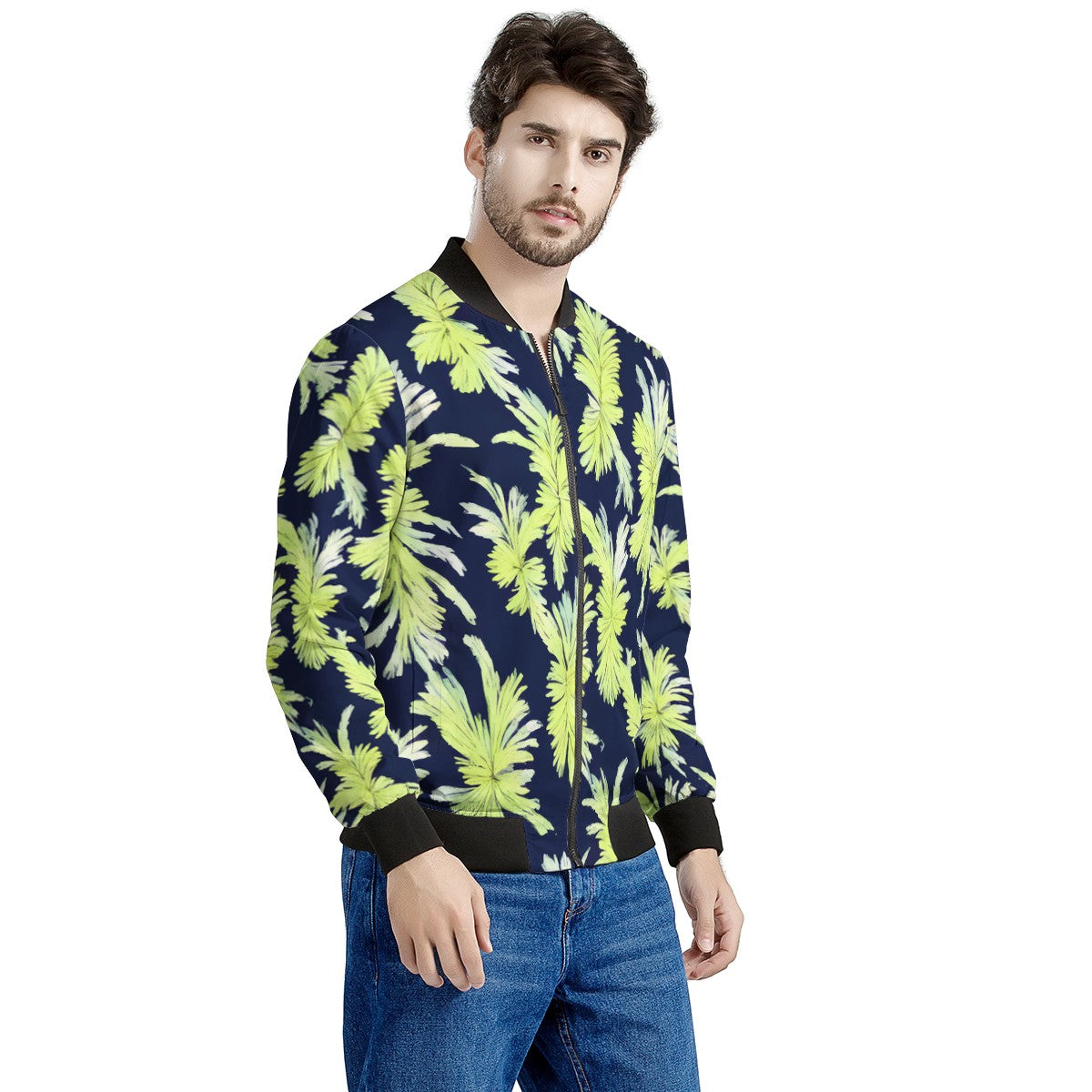 Puakenikeni - Lime Green and Black Men's Bomber Jacket - Luxtrini, LLC