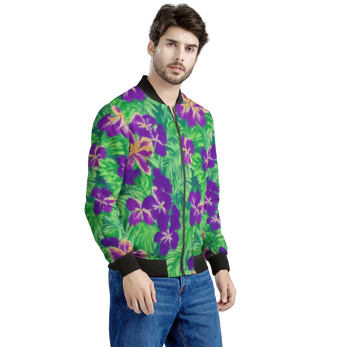 Blue Flag Iris on Green Men's Bomber Jacket - Luxtrini, LLC