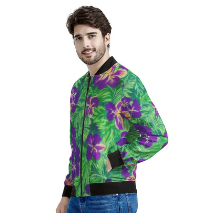 Blue Flag Iris on Green Men's Bomber Jacket - Luxtrini, LLC