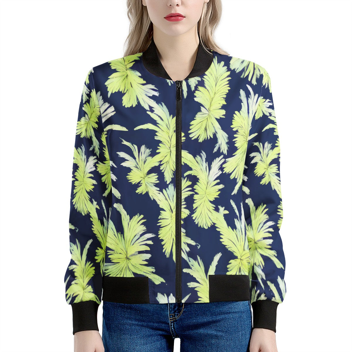 Puakenikeni - Lime Green and Black Women's Bomber Jacket - Luxtrini, LLC