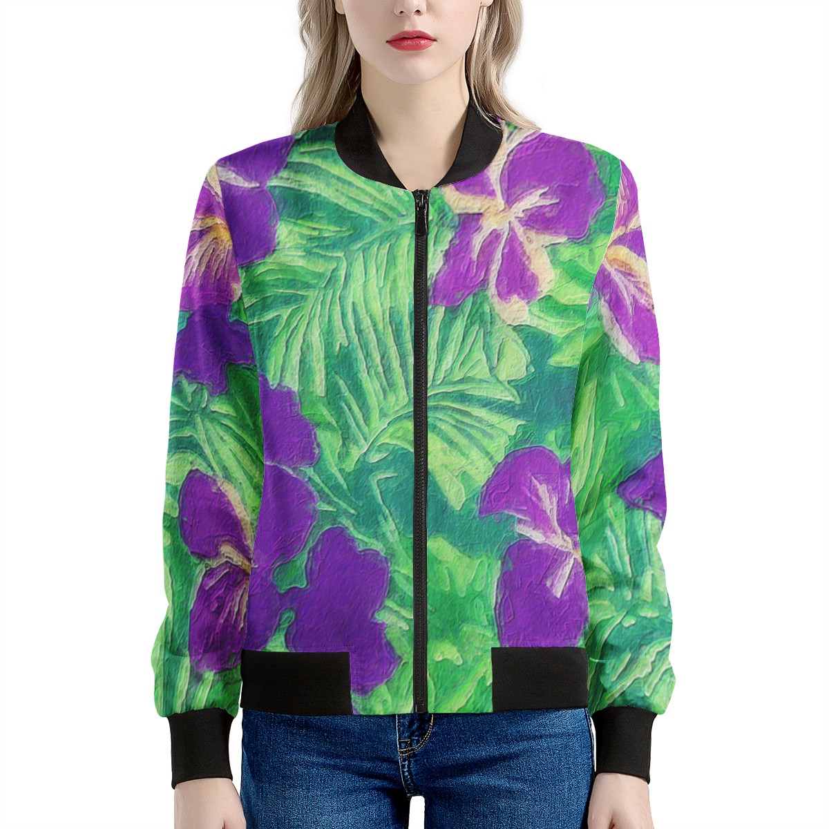 Blue Flag Iris on Green Women's Bomber Jacket - Luxtrini, LLC