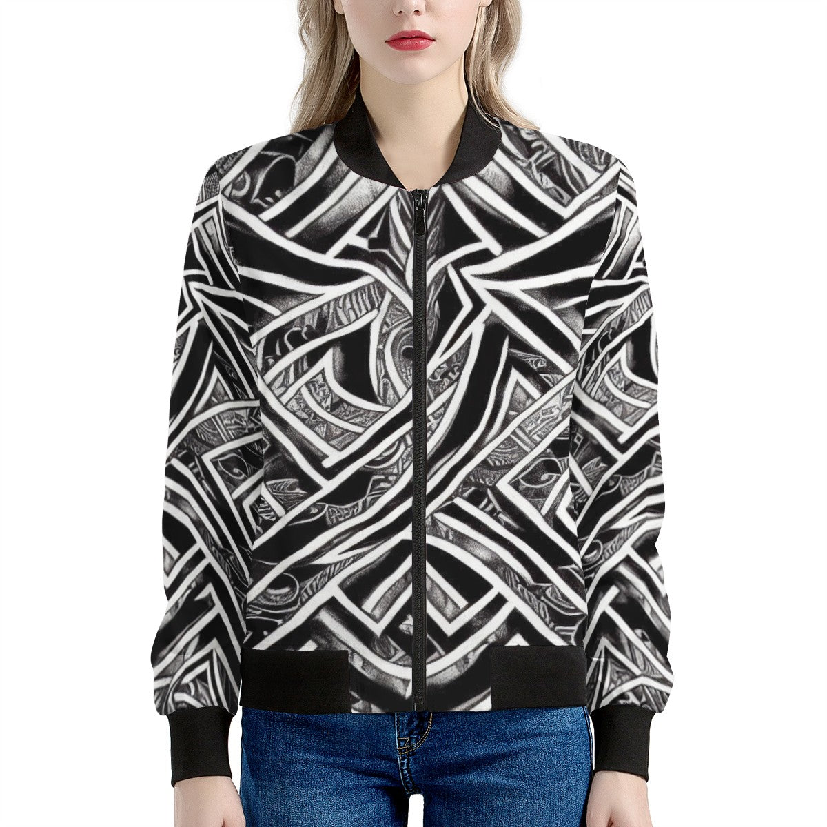 Black and White Polynesian Women's Bomber Jacket