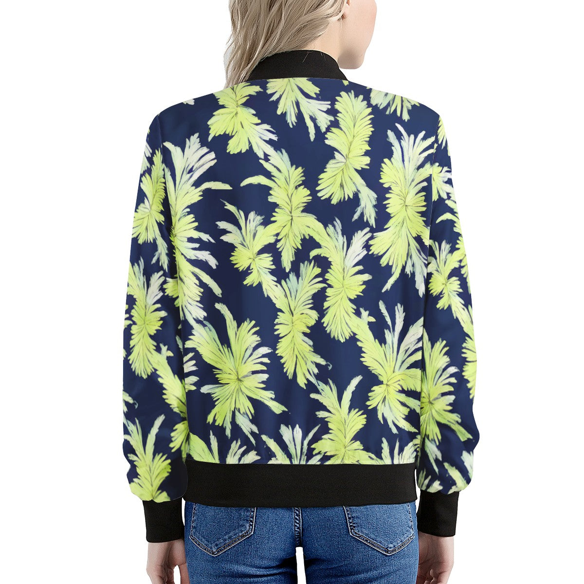 Puakenikeni - Lime Green and Black Women's Bomber Jacket - Luxtrini, LLC