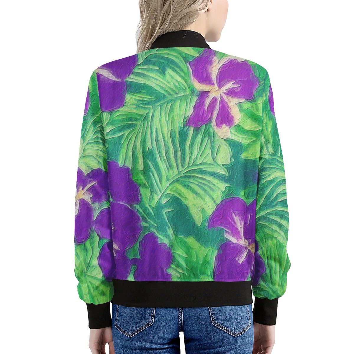 Blue Flag Iris on Green Women's Bomber Jacket - Luxtrini, LLC