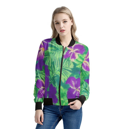 Blue Flag Iris on Green Women's Bomber Jacket - Luxtrini, LLC