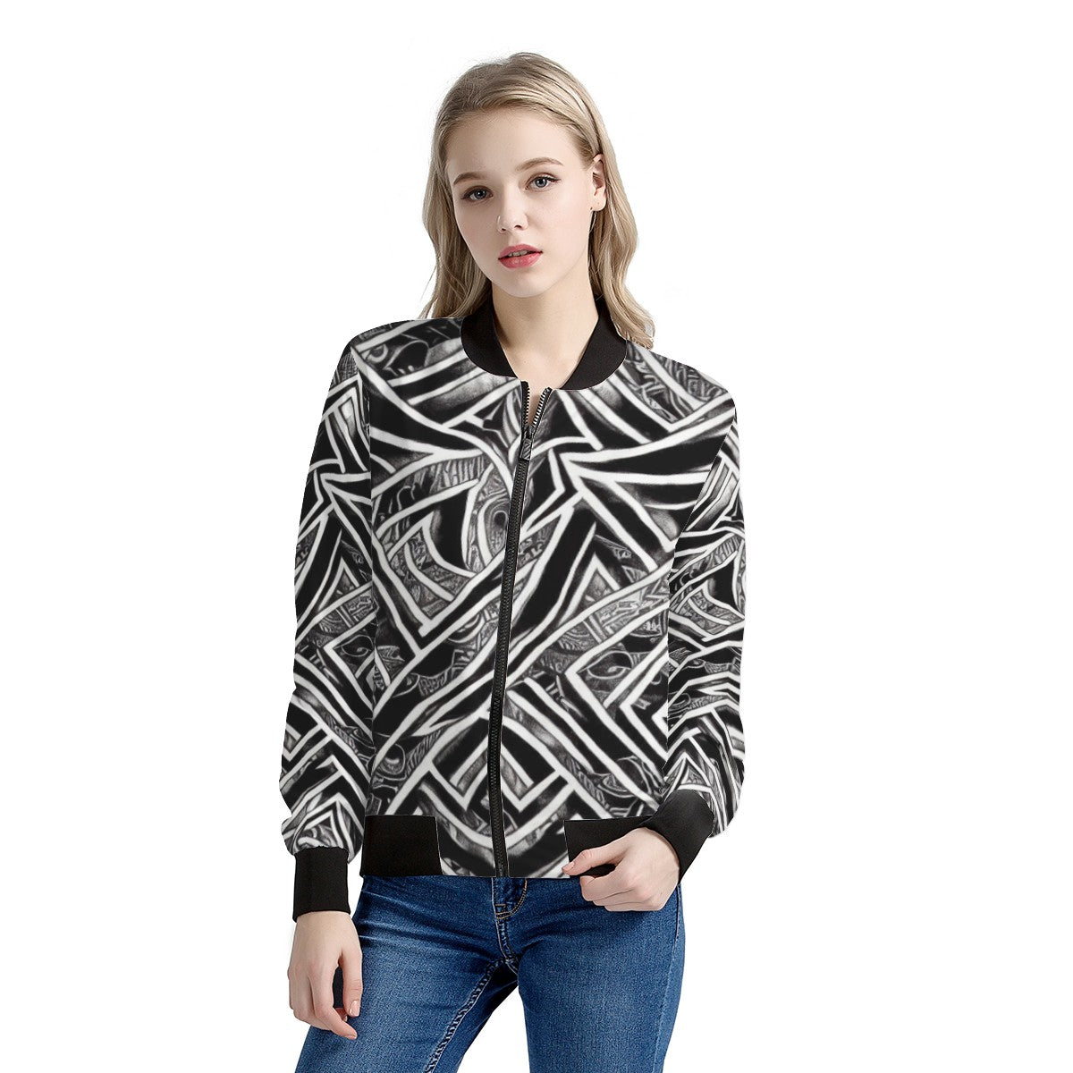 Black and White Polynesian Women's Bomber Jacket