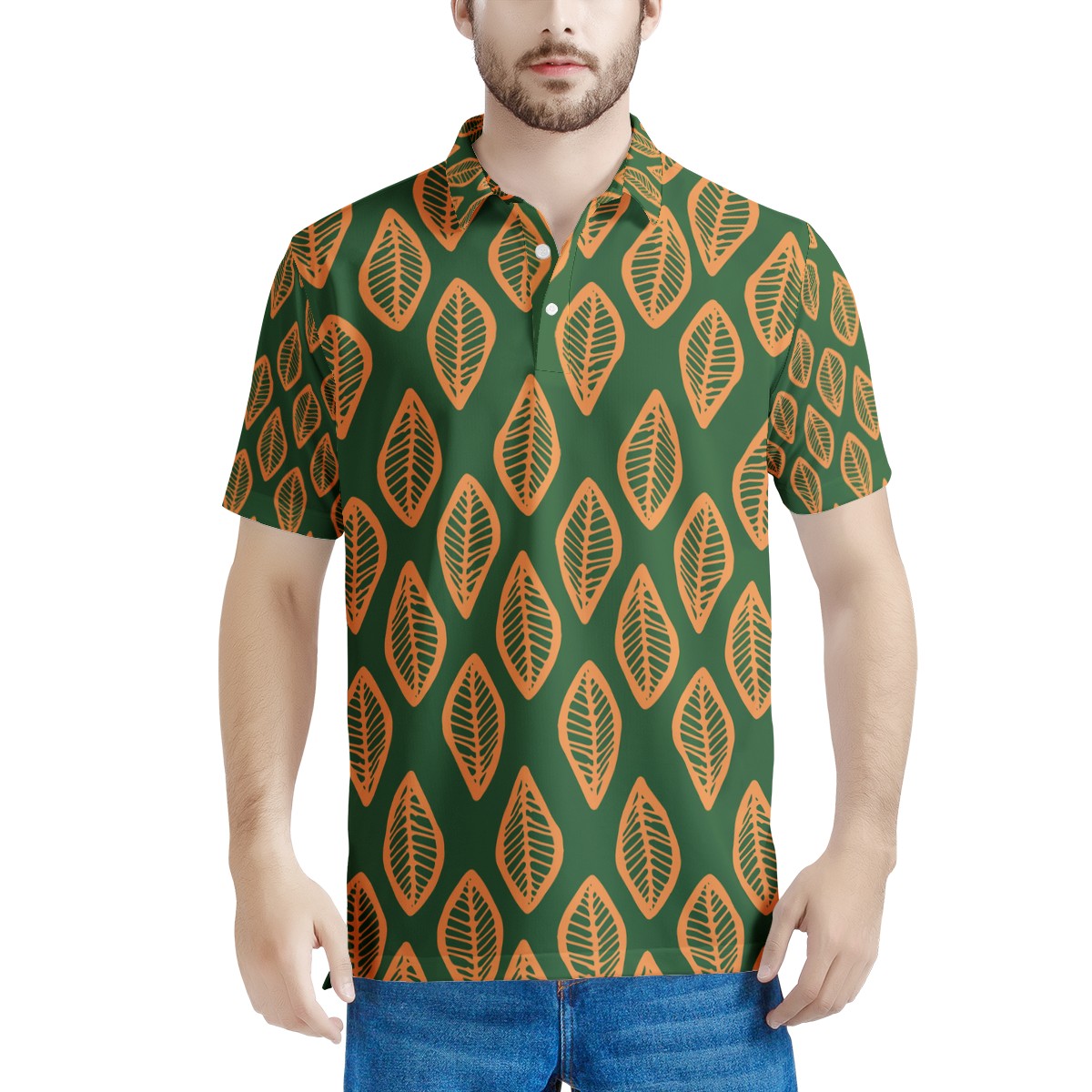 African | Ethnic | Mudcloth | #16 Green and Orange Men's Aloha Polo Shirt