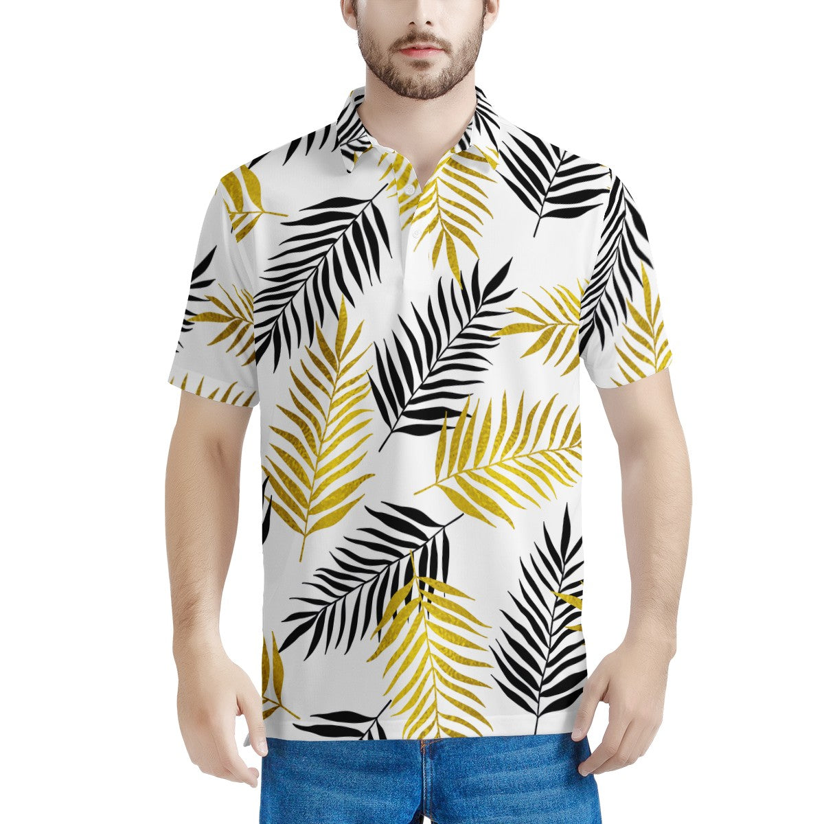 Black and Gold Palm Branches Men's Aloha Polo Shirt